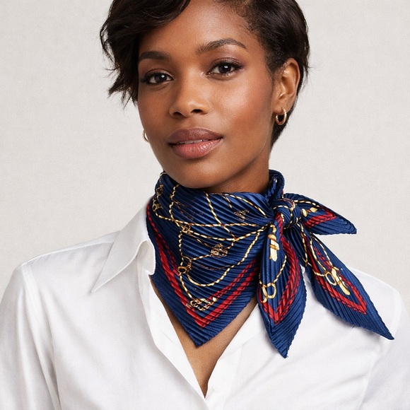 Pleated Navy Red Equestrian Rope Chain Neck Scarf Diamond Shape 35 Diagonal Luxe - Picture 2 of 9